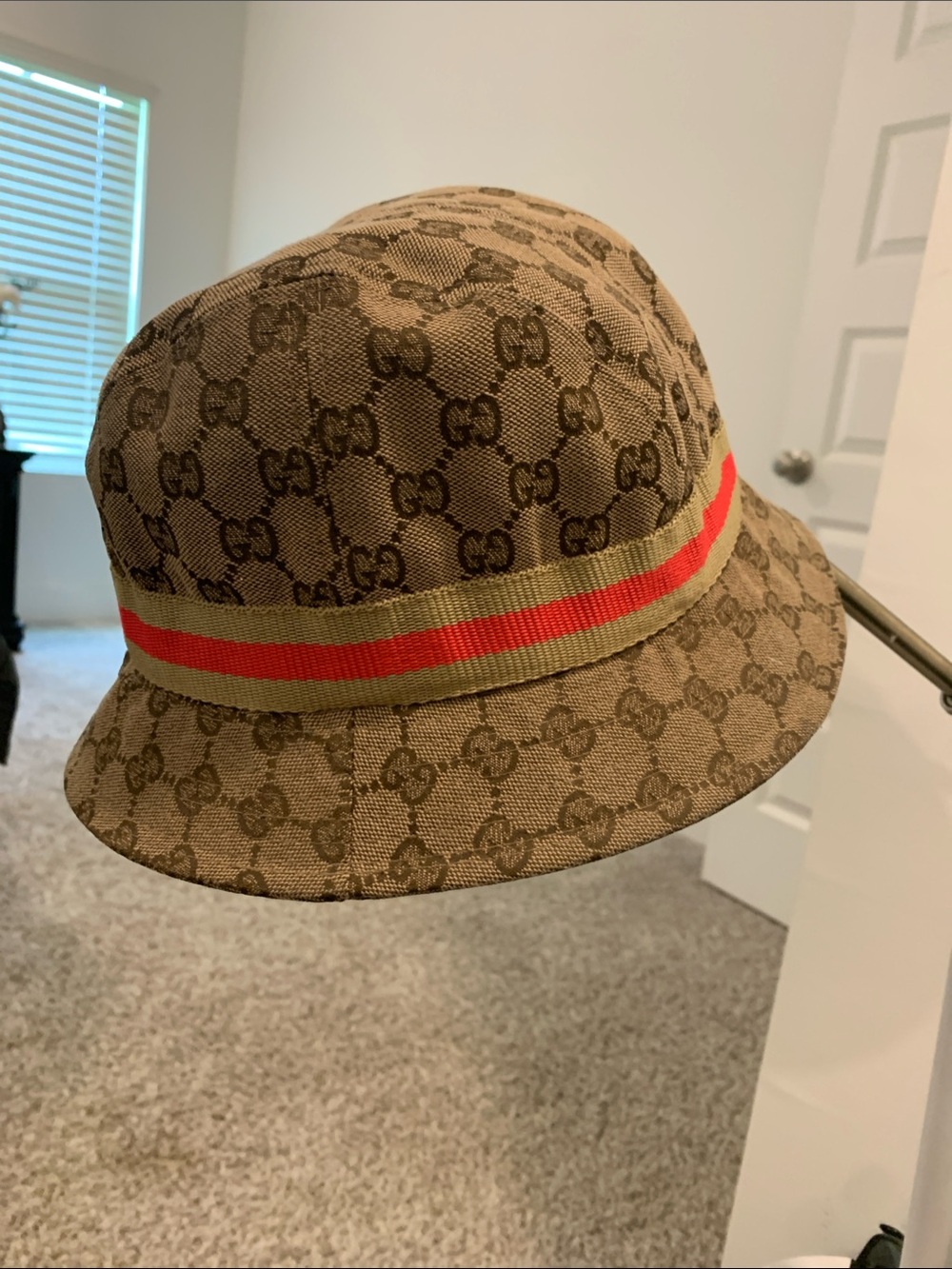 Gucci Beige/Brown Monogram Bucket Hat with Red Stripe